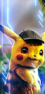 Detective Pikachu wallpaper with vibrant electric colors.