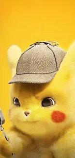 Detective Pikachu holds magnifying glass on yellow wallpaper.