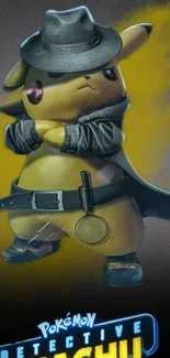 Detective Pikachu in a detective outfit on a yellow background.