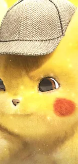 Cute Detective Pikachu with hat on yellow background.