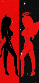 Red and black wallpaper with devil and angel silhouettes.