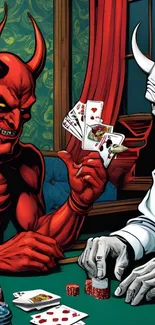 Illustration of devils playing poker with vivid colorful art.
