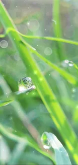 Close-up of dew drops on vibrant green grass.