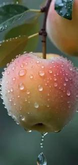 Close-up of a dew-kissed apple on a branch.