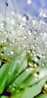 Close-up of dewy dandelions with green and blue tones.