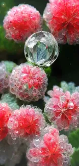 Dew-kissed red and green flowers smartphone wallpaper.