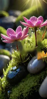 Dew-covered pink flowers with stones and greenery in natural light.