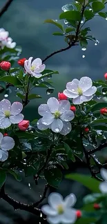 Dew-covered white blossoms with red buds on a leafy branch.