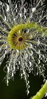 Vibrant dew-kissed flower on a dark green background.