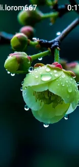 Close-up of green blossom with dew drops.
