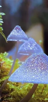 Dew-kissed mushrooms on mossy forest floor.