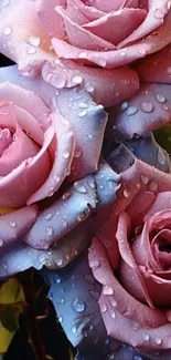 Close-up of dew-covered pink roses with a stunning natural backdrop.
