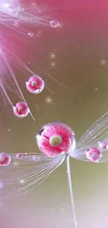 Close-up of dewdrop on a dandelion seed with pink hues.