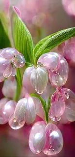 Close-up of pink blossoms with dew drops and green leaves.