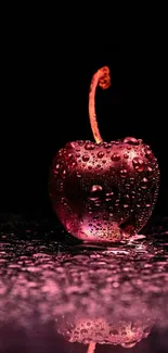 Close-up of a dewy cherry with water droplets against a dark background.