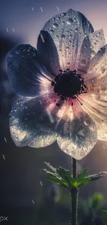 Dewy flower illuminated by sunrise, against a soft, natural background.