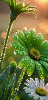 Close-up of dewy flowers at sunrise with a serene green landscape.