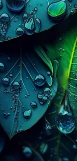 Close-up of dewy green leaf with water droplets.