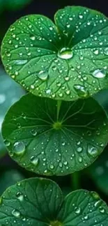 Close-up of green leaves with dewdrops for a nature wallpaper.