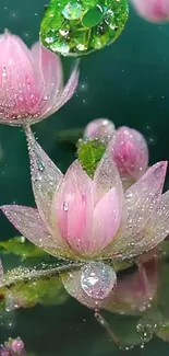 Pink lotus flowers with dew on a dark green background.