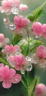 Dew-covered pink blossoms with lush green leaves and sparkling droplets.