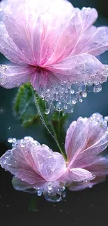 Close-up of dewy pink flowers with droplets on a dark background.