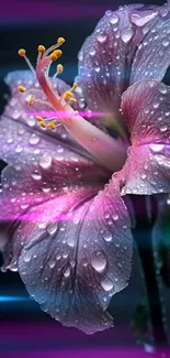 Dewy pink hibiscus flower on dark background.