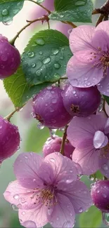 Dewy purple flowers with berries, adorned with raindrops.