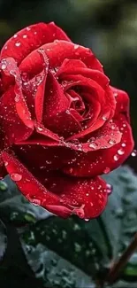 Close-up of a dewy red rose with water drops on petals.