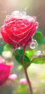 Close-up of a dewy red rose with sparkling droplets.