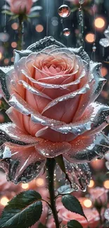 Dewy pink rose with water droplets on petals.