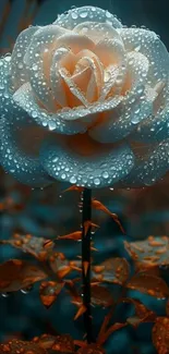 Dew-covered rose on a teal background