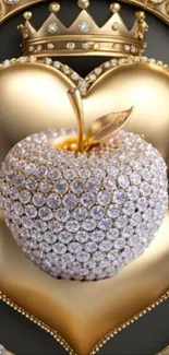 A diamond-studded apple with golden hearts and a crown.