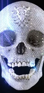 A dazzling skull covered in shimmering diamonds on a black background.