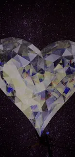 Shimmering diamond heart over cosmic starry background.