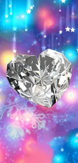 Diamond heart with stars on a colorful galaxy background wallpaper.