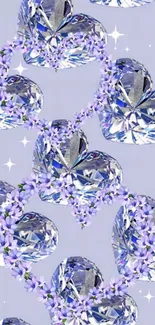 Diamond hearts decorated with purple flowers and sparkles.