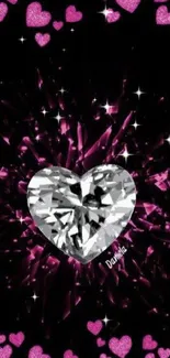 Diamond heart with pink glow and hearts wallpaper.