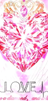 Sparkling diamond heart with angel wings on pink background.