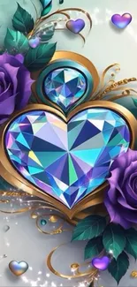Diamond heart with purple roses wallpaper design.