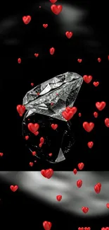 Diamond and red hearts mobile wallpaper with a black backdrop.