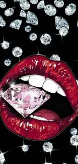 Red lips holding a diamond with sparkling gems on a black background.