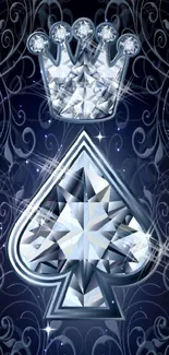 Diamond spade with crown over blue decorative background.