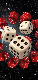 Floating dice in a starry space-themed background.