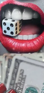 Red lips with a dice and cash in artistic wallpaper.