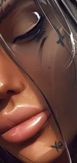 Close-up digital art portrait with serene expression, ideal for mobile wallpaper.