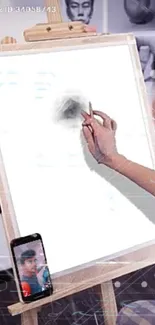 Artist drawing on easel with phone reference, merging traditional and digital art.