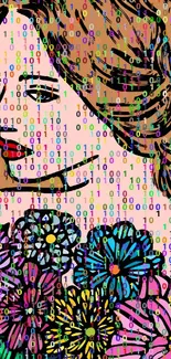 A vibrant digital art portrait with flowers and binary code overlay.