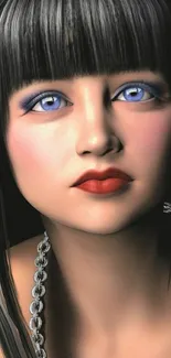 Digital art of a woman with striking blue eyes and red lips on a phone wallpaper.