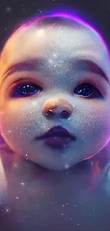 Futuristic digital art featuring a glowing baby face with neon accents.